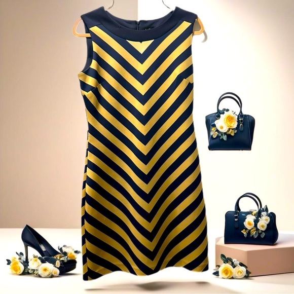Elegant dress from ILE New York, size 8, striking Navy and gold chevron pattern - Picture 2 of 9